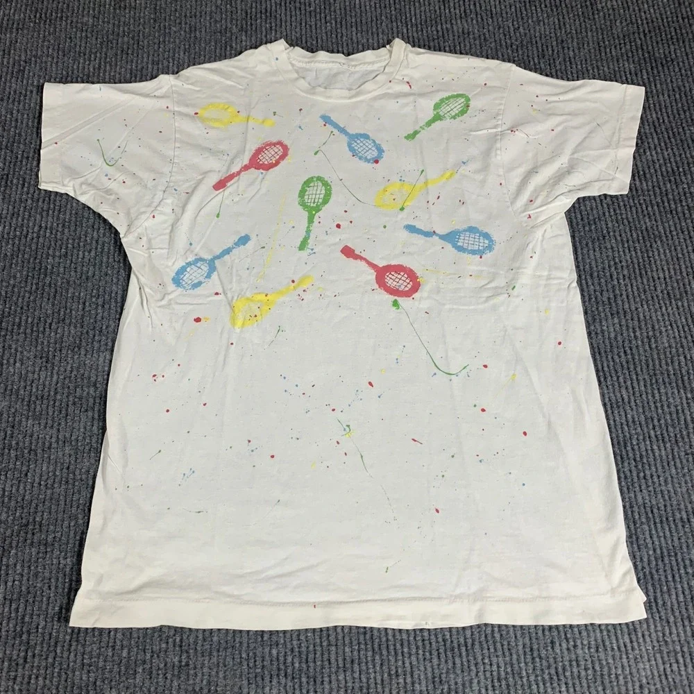 VTG Fruit of the Loom T Shirt Adult Medium White‎ Single Stitch Paint Art Tennis
